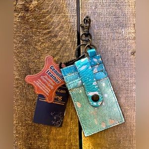 New American Darling Credit Card Holder Key Ring Turquoise Acid Wash Cowhide NWT